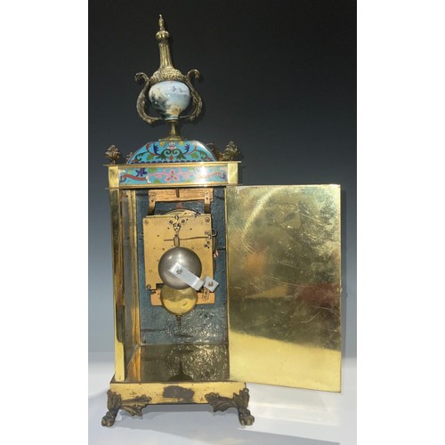 424 - A Chinese lacquered brass cloisonné mantel clock, the rectangular side panels painted with Hindu dei... 