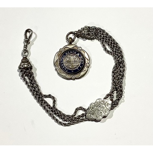 445 - A 19th century silver coloured metal fancy link Albert chain or Albertina; enamel football fob