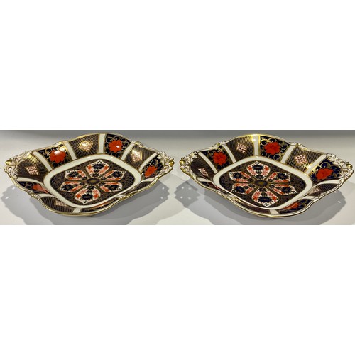 468 - A pair of Royal Crown Derby 1128 Imari pattern two handled acorn dishes, 22.5cm over handles, first ... 