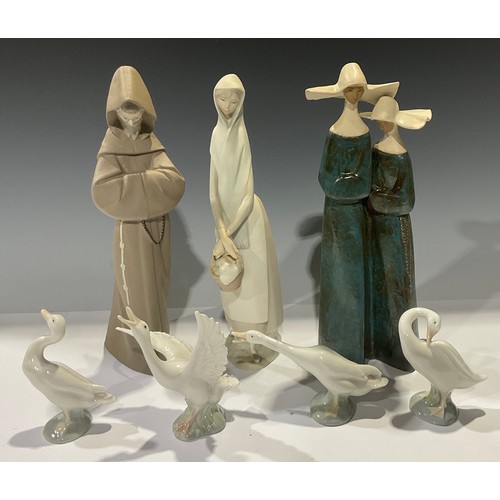 471 - A Lladro figure, girl with basket, 33cm, printed mark; others, pair of nuns; friar; four Lladro gees... 