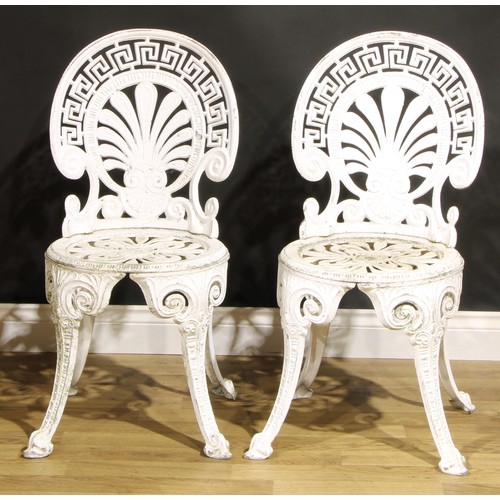 478 - Garden Furniture - a pair of 'Coalbrookdale' style painted cast aluminum garden chairs, each pierced... 