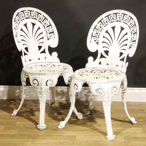 478 - Garden Furniture - a pair of 'Coalbrookdale' style painted cast aluminum garden chairs, each pierced... 