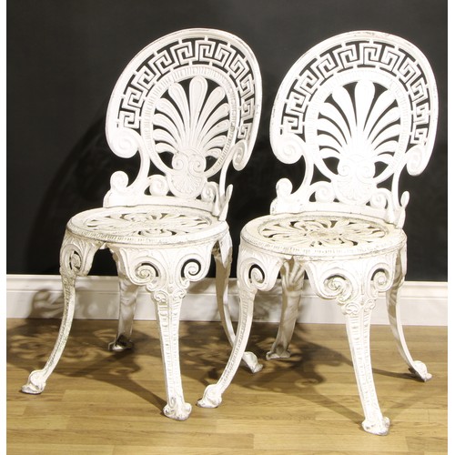 478 - Garden Furniture - a pair of 'Coalbrookdale' style painted cast aluminum garden chairs, each pierced... 