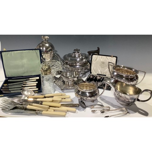 499 - Plated Ware - a late Victorian/Edwardian egg coddler; a Walker & Hall three piece tea service; a pai... 