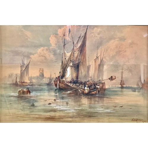 543 - W J Thomas (1904)  
Busy Coastal Scene  
signed, watercolour, 26.5cm x 39cm