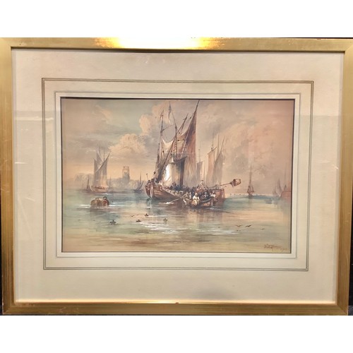 543 - W J Thomas (1904)  
Busy Coastal Scene  
signed, watercolour, 26.5cm x 39cm