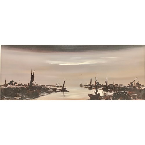 545 - Ken Hammond (20th century)
Harbour Scene in Silhouette
signed, oil on board, 44cm x 103cm