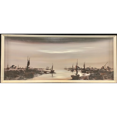 545 - Ken Hammond (20th century)
Harbour Scene in Silhouette
signed, oil on board, 44cm x 103cm