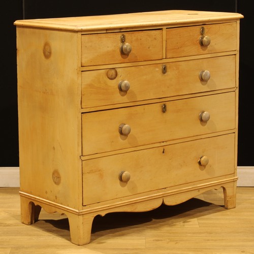 106 - A late 19th/early 20th century pine chest, of two short and three long graduated drawers, 104cm high... 