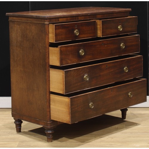 110 - A George III mahogany chest, of two short and three long graduated drawers, loose ring lion mask han... 