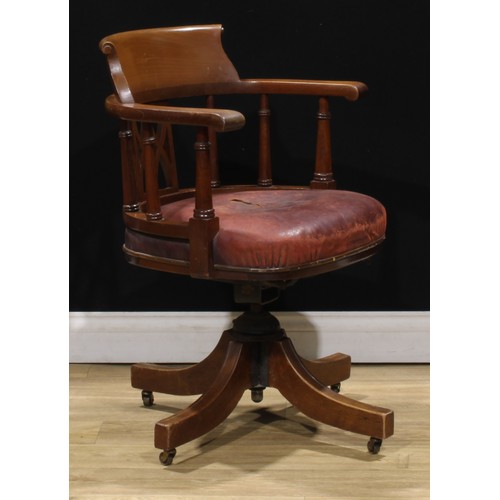 117 - An early 20th century mahogany swivel desk chair, by Cooke’s (Finsbury) Ltd, badged, 83cm high, 61cm... 