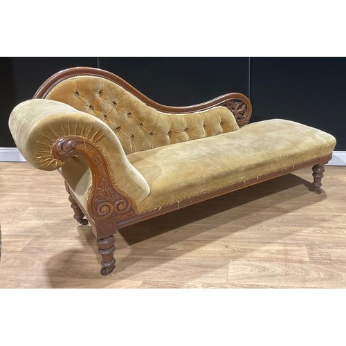 213 - A Victorian walnut and mahogany chaise longue, deep-button back, stuffed-over upholstery, 90.5cm hig... 