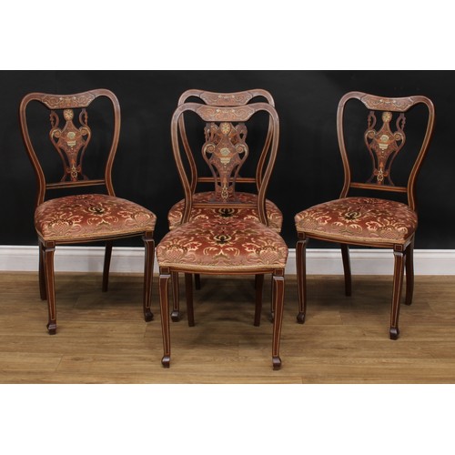 419 - A set of four late Victorian/Edwardian mahogany, rosewood and ivorine marquetry dining chairs, by Ja... 