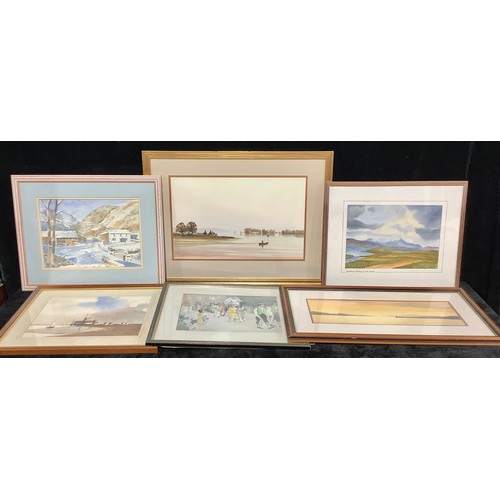 608 - Pictures and Prints - R. Witchard, Estuary Scene, signed, watercolour, 32cm x 52cm; John Lawrence, P... 