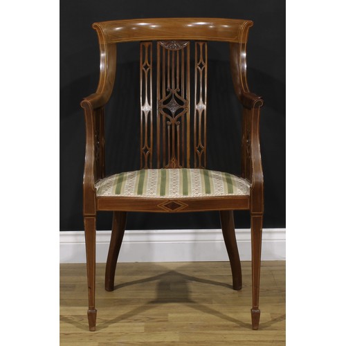 532 - An Edwardian mahogany boudoir elbow chair, 92.5cm high, 56.5cm wide, the seat 47cm wide and 38cm dee... 