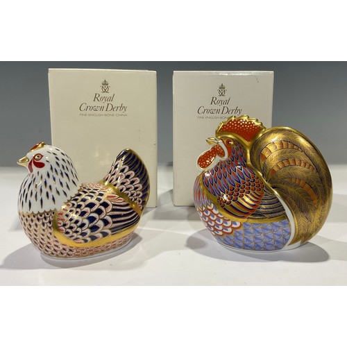 65A - A Royal Crown Derby paperweight, Cockerel, gold stopper, boxed; another, Hen, gold stopper, boxed (2... 