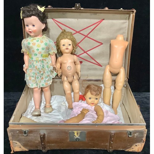 560A - Toys & Juvenalia - a Pedigree hard plastic walking doll; others, in a travel trunk