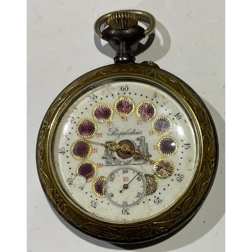 734 - A large Ancre Double Plateau regulator pocket watch, locomotive enamel face