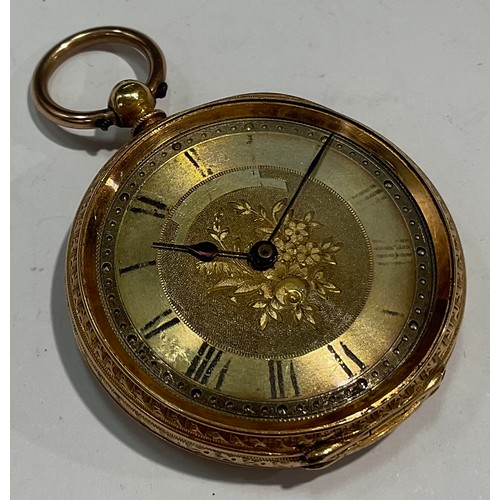 743 - A late 19th century continental lady's 18k gold open face pocket watch, engine turned dial with Roma... 