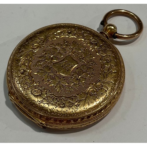 743 - A late 19th century continental lady's 18k gold open face pocket watch, engine turned dial with Roma... 