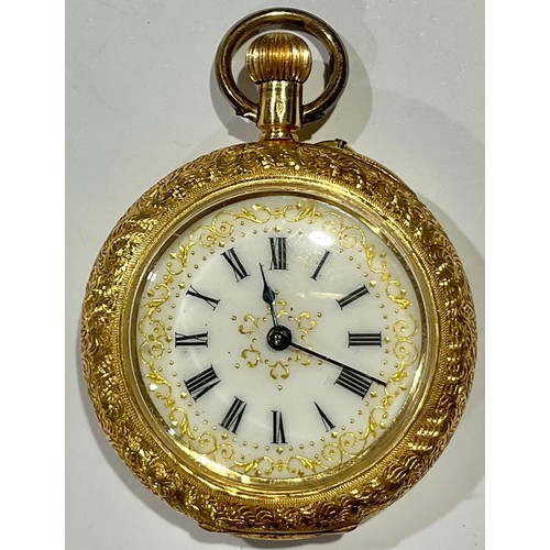 784 - An 18ct gold lady's fob watch, Roman numerals on gilt decorated white dial, the case marked 18k, 32.... 