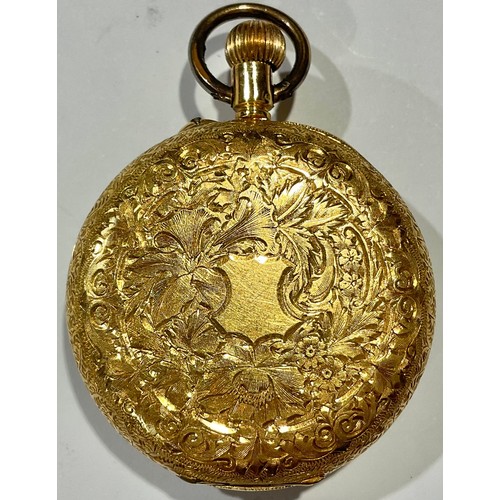 784 - An 18ct gold lady's fob watch, Roman numerals on gilt decorated white dial, the case marked 18k, 32.... 