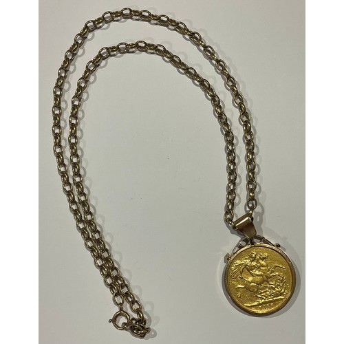 798 - A Victorian gold double sovereign, mounted in 9ct gold as a pendant, 9ct gold necklace chain, 39.7g