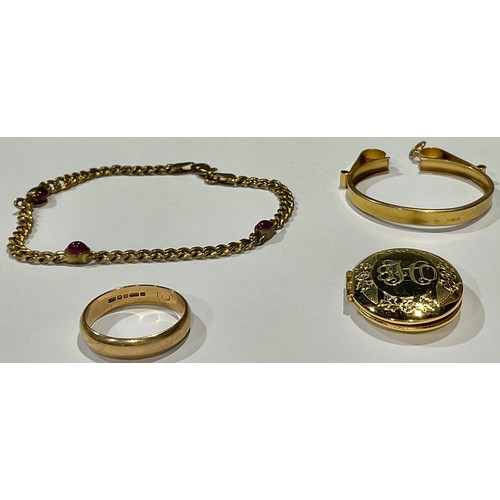 799 - A 9ct gold wedding band, size Q, 3.16g; a 9ct gold coin mount, 4.2g; a 9ct gold and ruby bracelet, 3... 