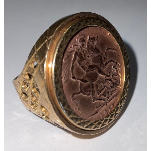 804 - A George V gold full sovereign, 1917, mounted in 9ct gold as a signet ring, marked 375, 14g