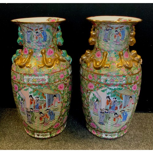 1 - A pair of large Chinese famille rose floor vases,  figural panels within intricate floral ground,  6... 