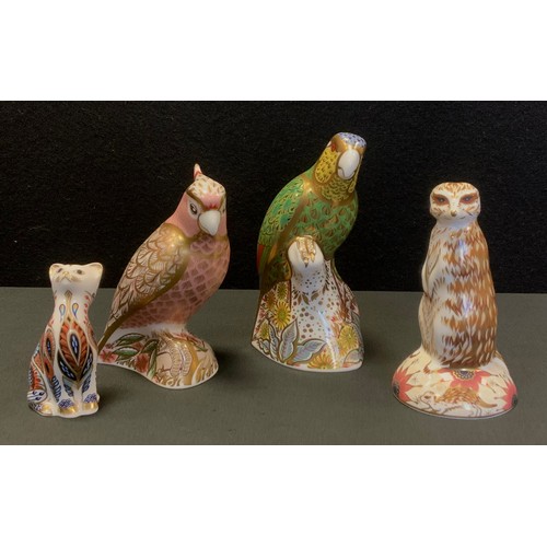 18 - Royal Crown Derby Paperweights -  a Cockatoo, gold stopper; standing kitten, silver stopper; Meerkat... 