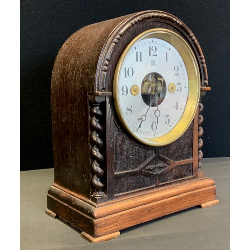 34 - An Edwardian/early 20th century oak cased Bulle patent early electric domed mantel clock timepiece, ... 