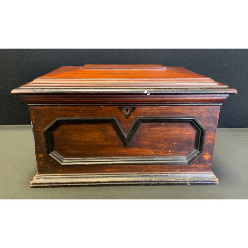 41 - A Victorian mahogany sarcophagus shaped work box, fitted interior, 21.5 cm x 38cm