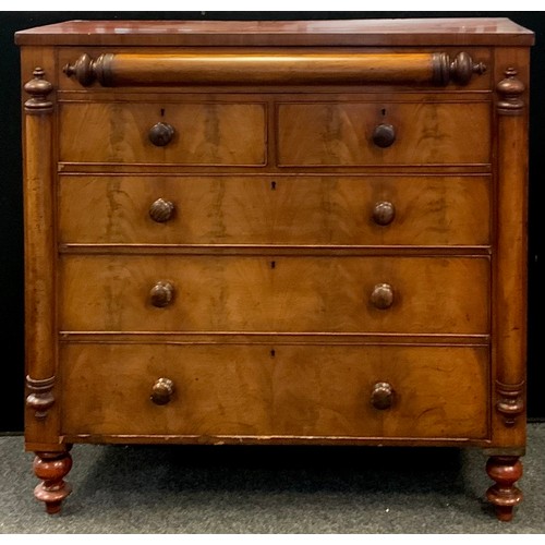 48 - A Victorian flame mahogany chest, hidden draw to frieze above two short over three long graduated dr... 