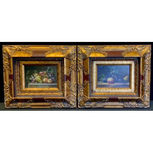 66 - Amato, a pair, after, Grapes, Apples and Pears, oil on panel, 11cm x 16cm baroque gilt and burgundy ... 