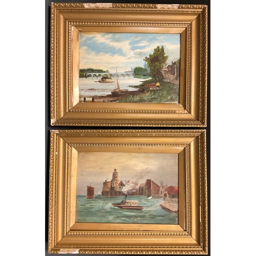 69 - Dutch School (early to mid 20th century), a pair, Harbour and river scenes, oils on board, 17cm x 25... 