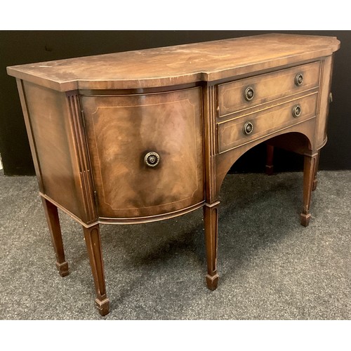 78 - A George III style inlaid mahogany breakfront sideboard, two central drawers, flanked by bowed cupbo... 