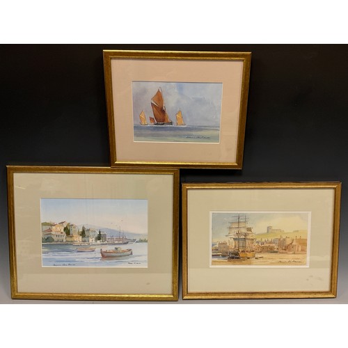 82 - Dennis John Hanceri (1928-2011), Tall-ship at Whitby, signed, watercolour, 12cm x 21cm;  Poris, Gree... 