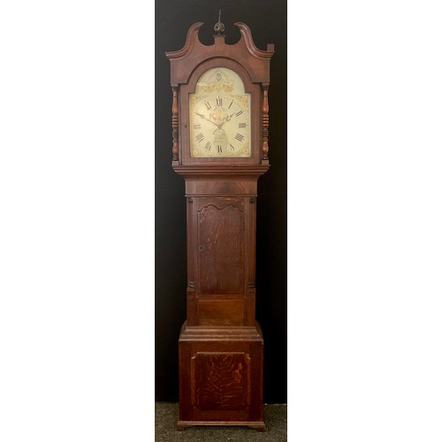 83 - A 19th century oak and mahogany longcase clock, arched painted dial signed Jos Ault, Belper, gilt fl... 