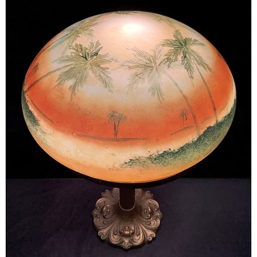 101 - A mid century, Pittsburgh Lamp Co. Style table lamp, the domed glass shade hand-painted with Palm tr... 