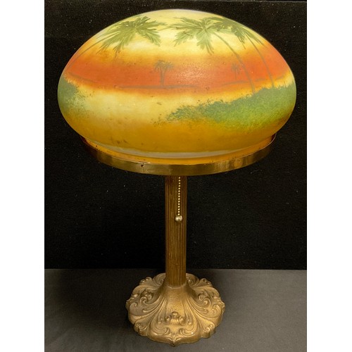 101 - A mid century, Pittsburgh Lamp Co. Style table lamp, the domed glass shade hand-painted with Palm tr... 