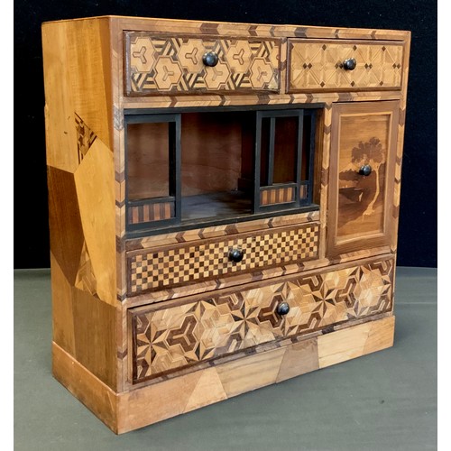 106 - A Japanese parquetry inlaid specimen wood table top Tansu cabinet, with an arrangement of five drawe... 