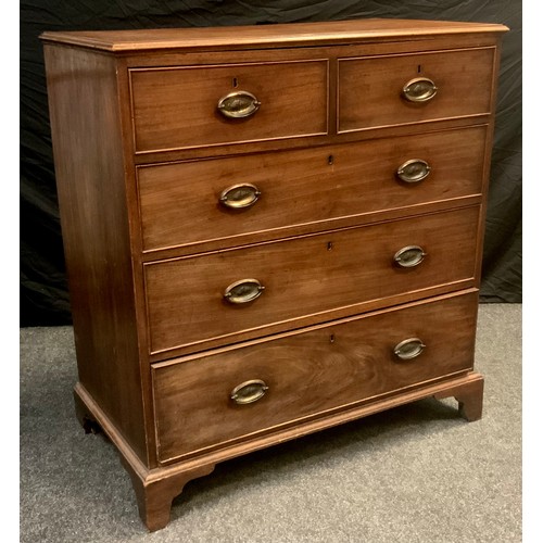 108 - A 19th century mahogany chest of drawers, slightly over-sailing top, above pair of short, and three ... 