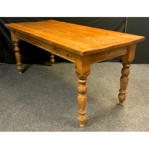 109 - A pine plank-top table, rounded rectangular top, turned legs, 78cm high x 173cm wide x 77cm, early 2... 