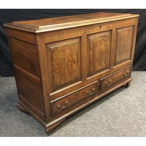 117 - A 19th century oak Lancashire mule chest, walnut cross-banded top, three-panel front, above pair of ... 