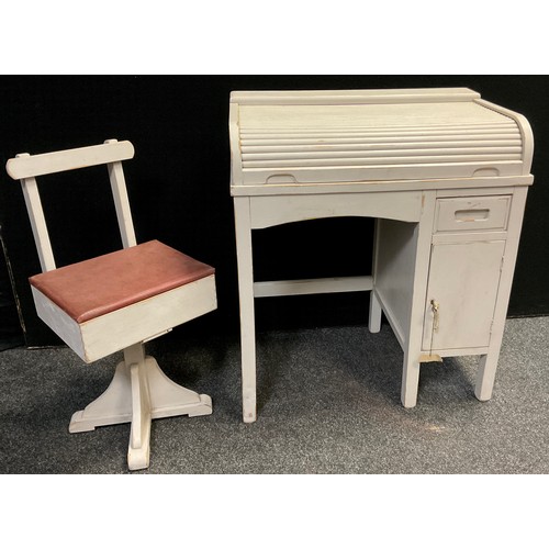 120 - A Child’s Vintage roll-top desk, white-painted beech-wood, 81.5cm high x 71cm wide x 44cm deep;  wit... 