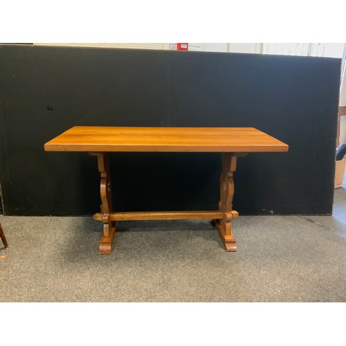 122 - A elm trestle table, 71cm high x 128cm wide x 60cm, 20th century.