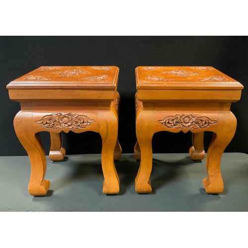 124 - A pair of Japanese carved square jardinières or plant stands,  each with floral tops and friezes , s... 