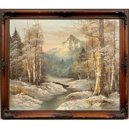 134 - Gordon Whitman (American, bn. 1944), 
Rockies in winter,
signed, oil on canvas, 51cm x 61cm.