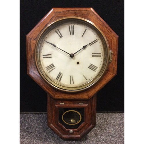 150 - A late 19th century rosewood cased drop-dial wall clock, with creamy white painted dial, bold black ... 